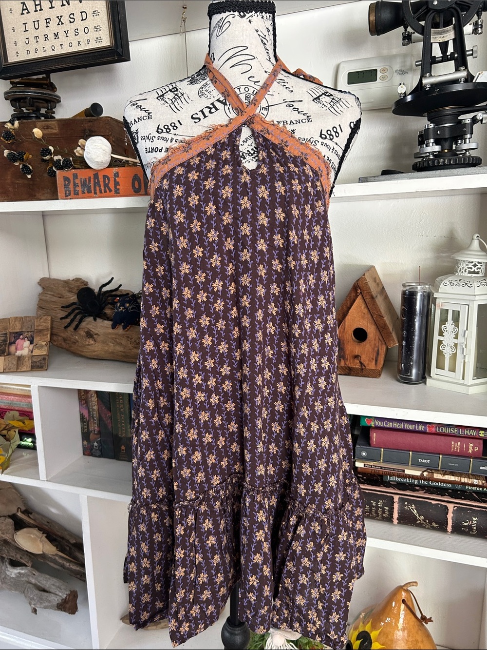 O'Neill Purple Floral Cross-Halter Mini Dress with Orange Trim